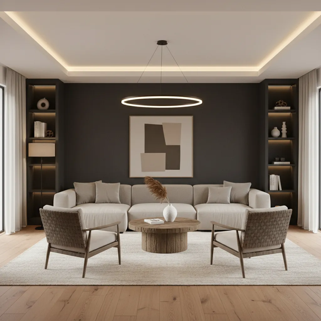 Salón contemporáneo con pared acento oscura que crea profundidad visual