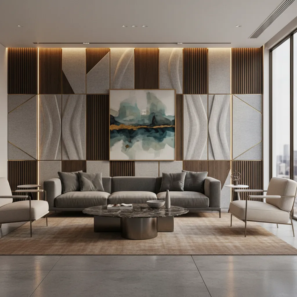 Luxury living room with grey sofa marble coffee table two chairs and decorative wall panel