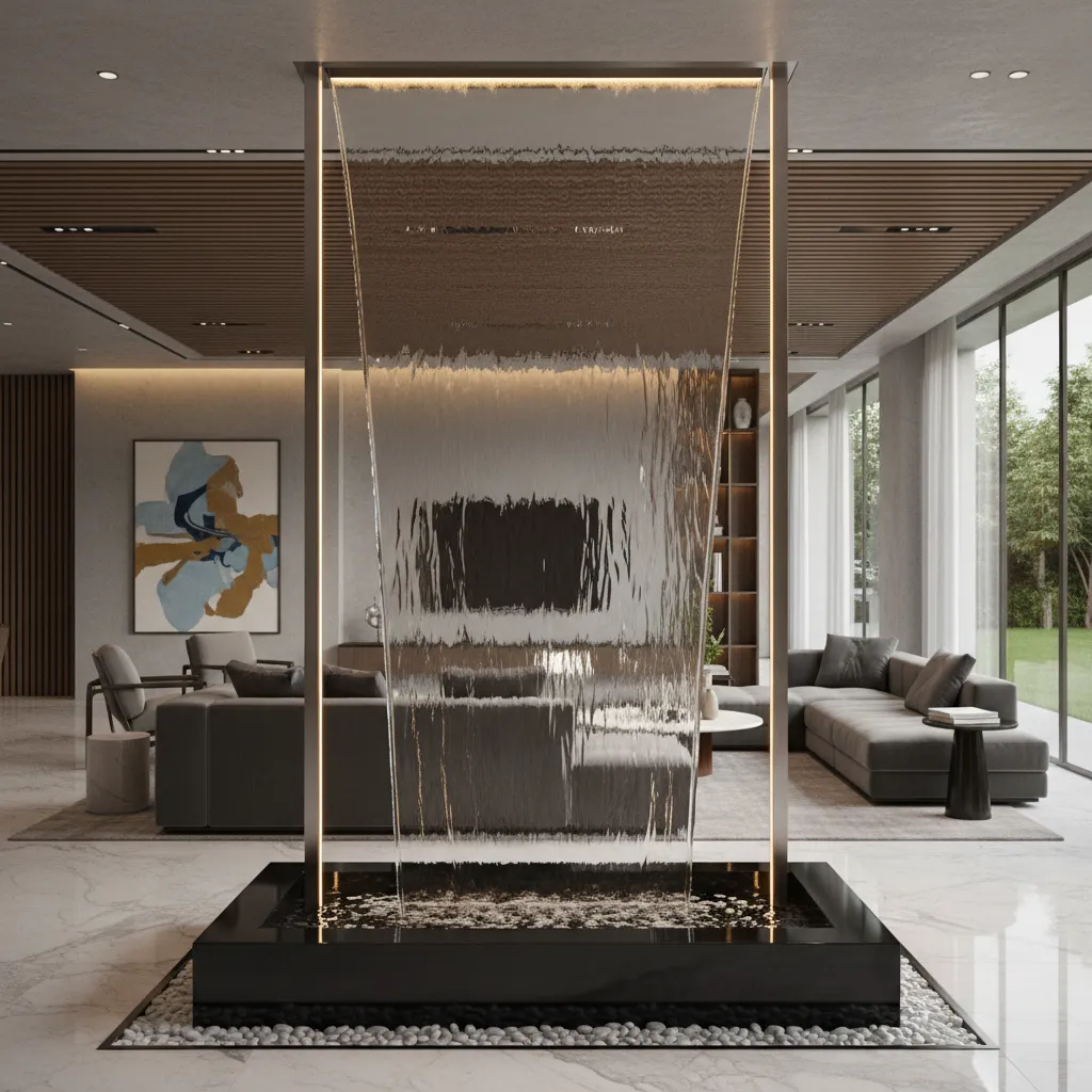 Pared de agua decorativa instalada en un interior moderno con diseño elegante