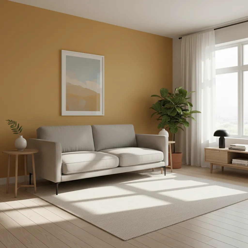 Salón con una pared amarilla mostaza iluminada por luz natural