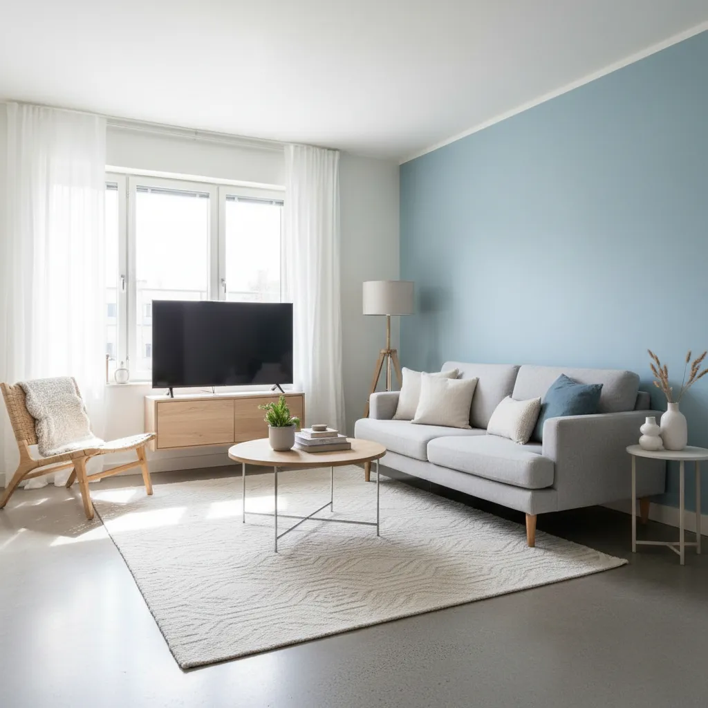 Pequeño apartamento con pared de acento azul claro
