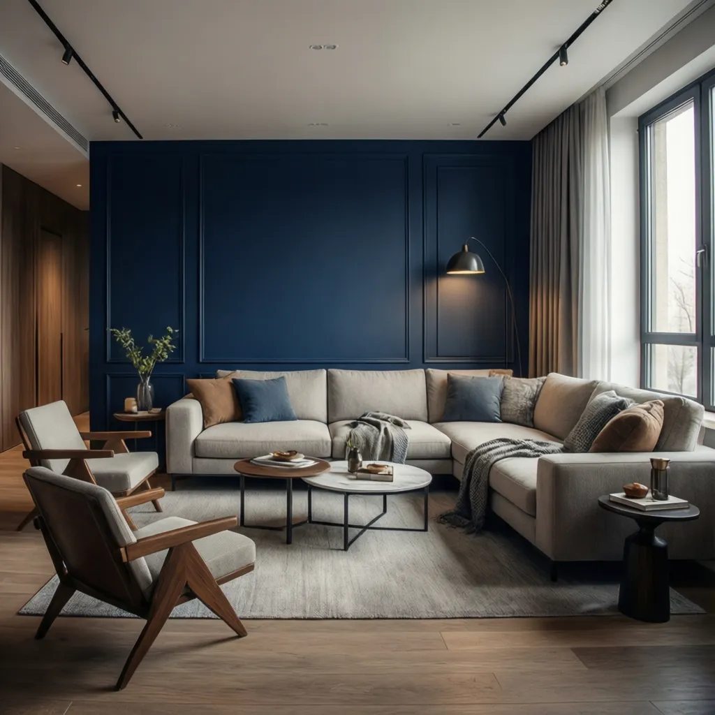 Salón con pared de acento azul oscuro