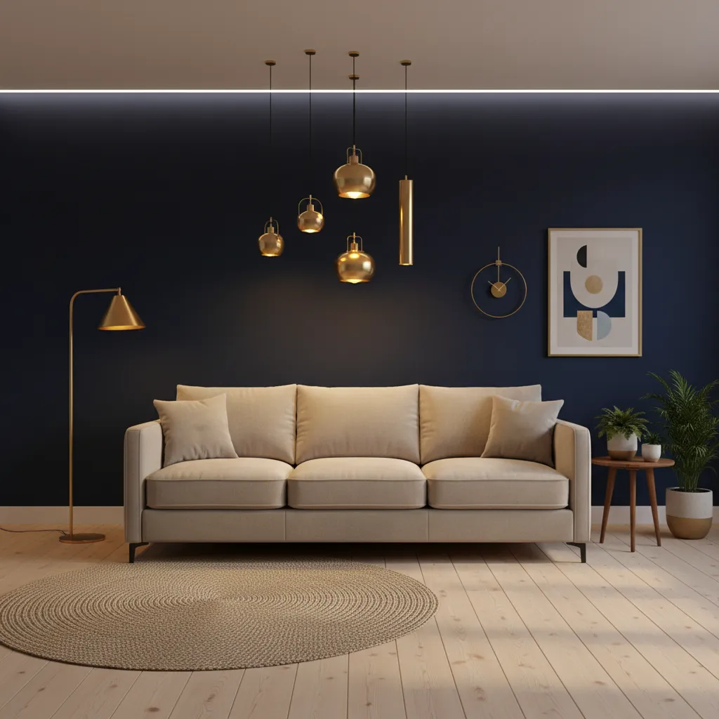 Beige sofa against dark blue wall with gold ceiling lights, floor lamp, and round rug