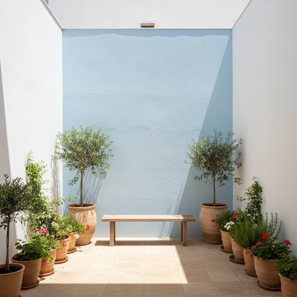 Patio interior pequeño con una pared azul claro y plantas decorativas