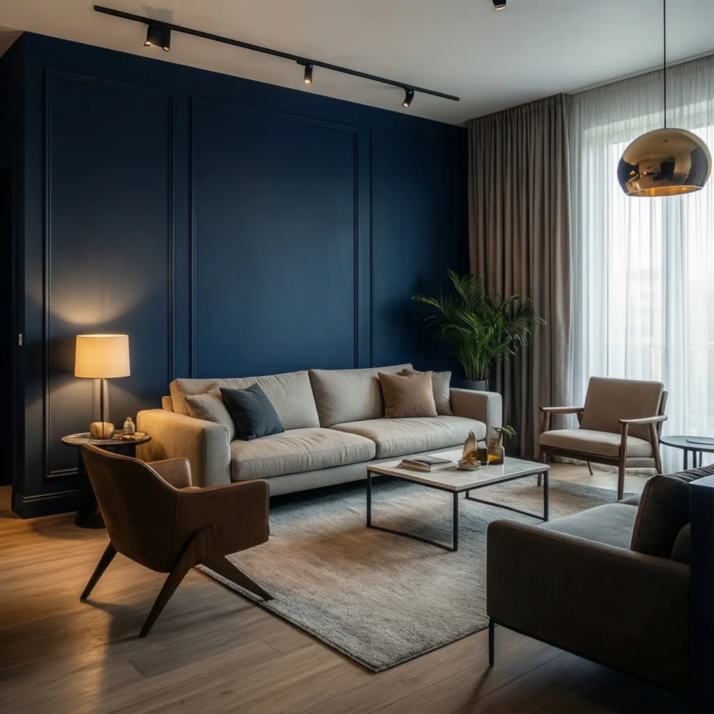 Sala con pared azul profundo como acento