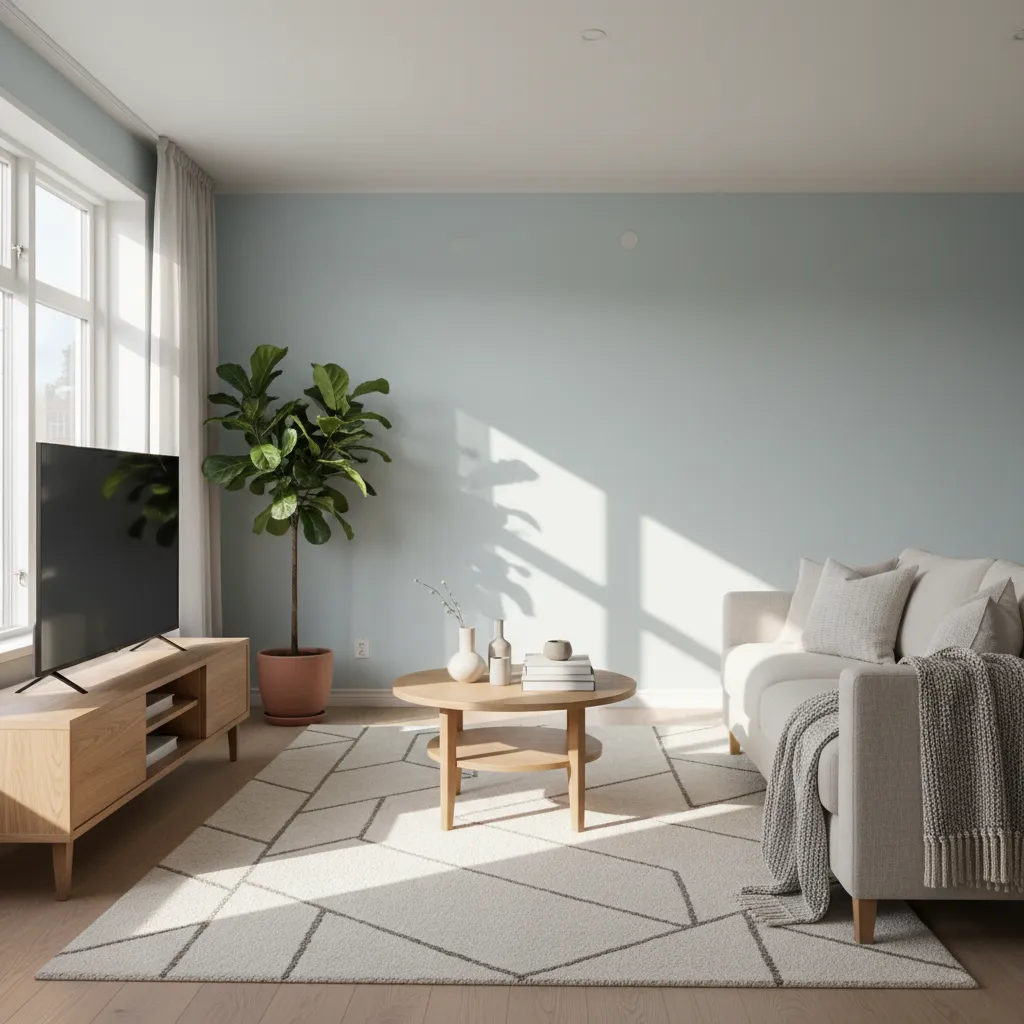 Sala de estar con pared azul suave y muebles de madera clara