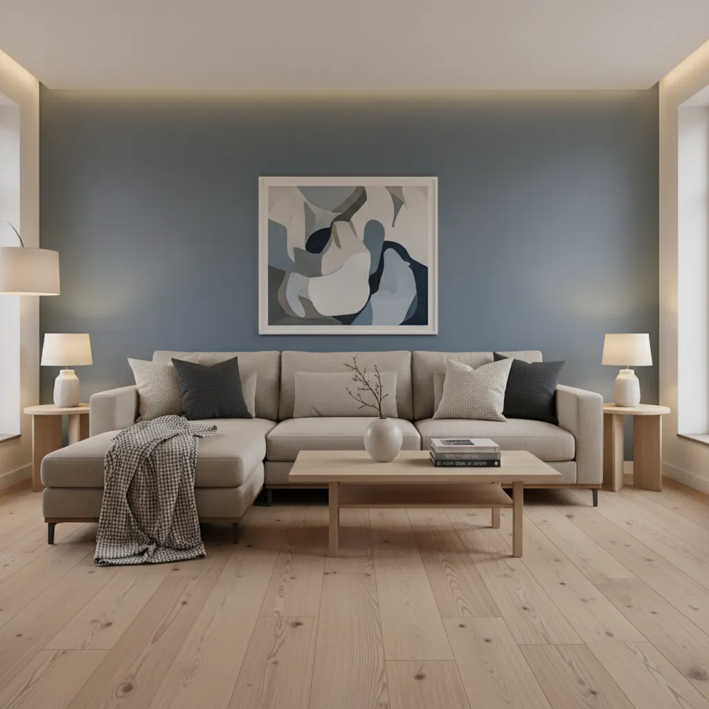 Sala de estar con pared azul grisáceo y decoración minimalista