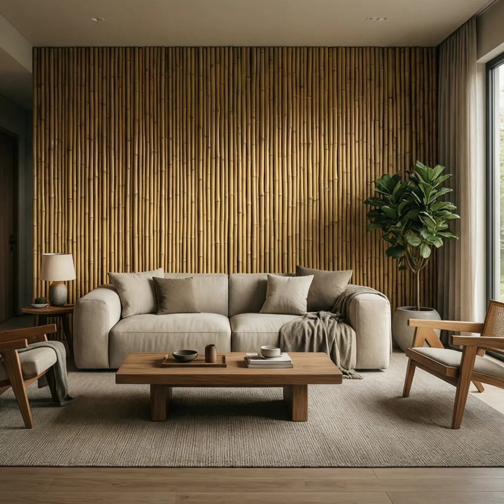 Modern living room design with bamboo wall panel, cream sofa, wooden coffee table, and plants