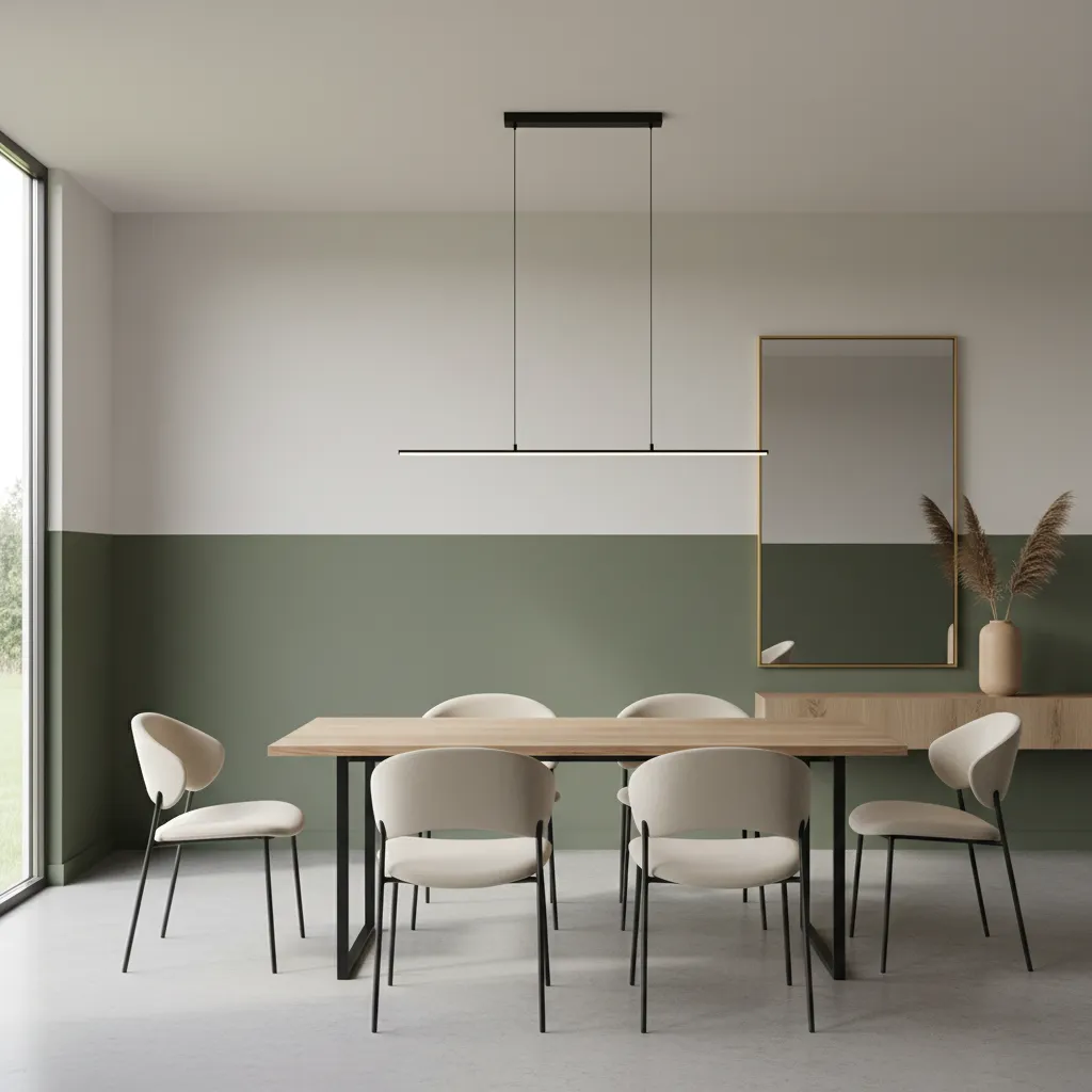Modern dining area with wooden table white chairs green and white walls and light fixture