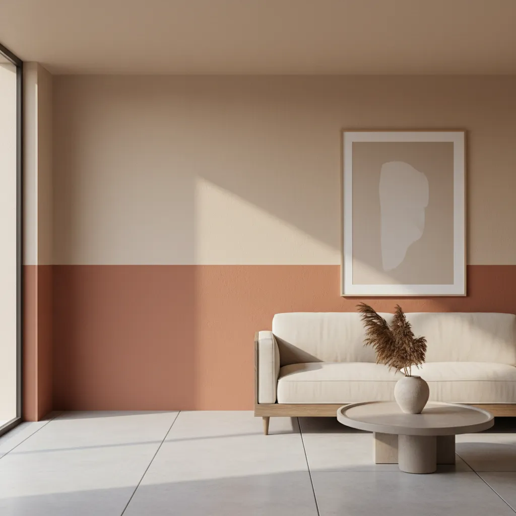 Minimalist living room with orange and beige wall featuring white sofa and round coffee table