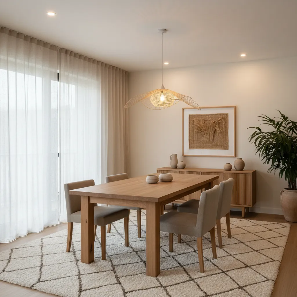 Comedor moderno con paredes blanco roto y muebles de madera