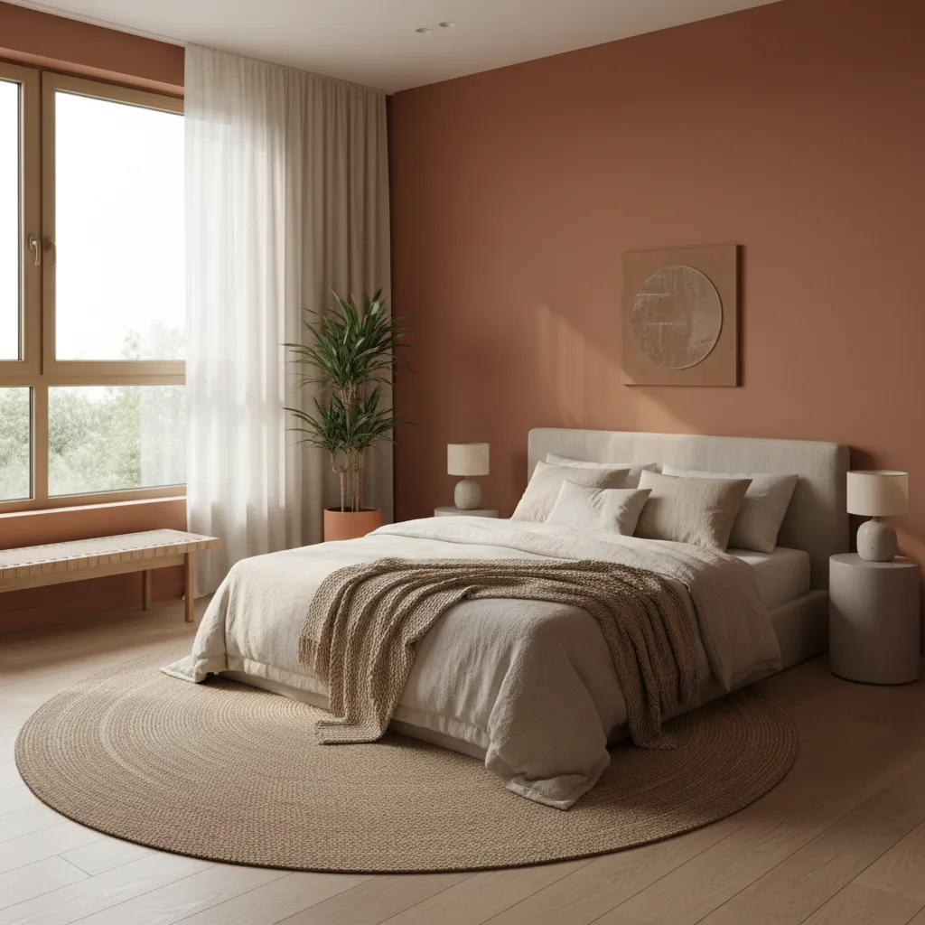 Modern bedroom with orange walls beige bed round rug wooden floor white curtains and plant