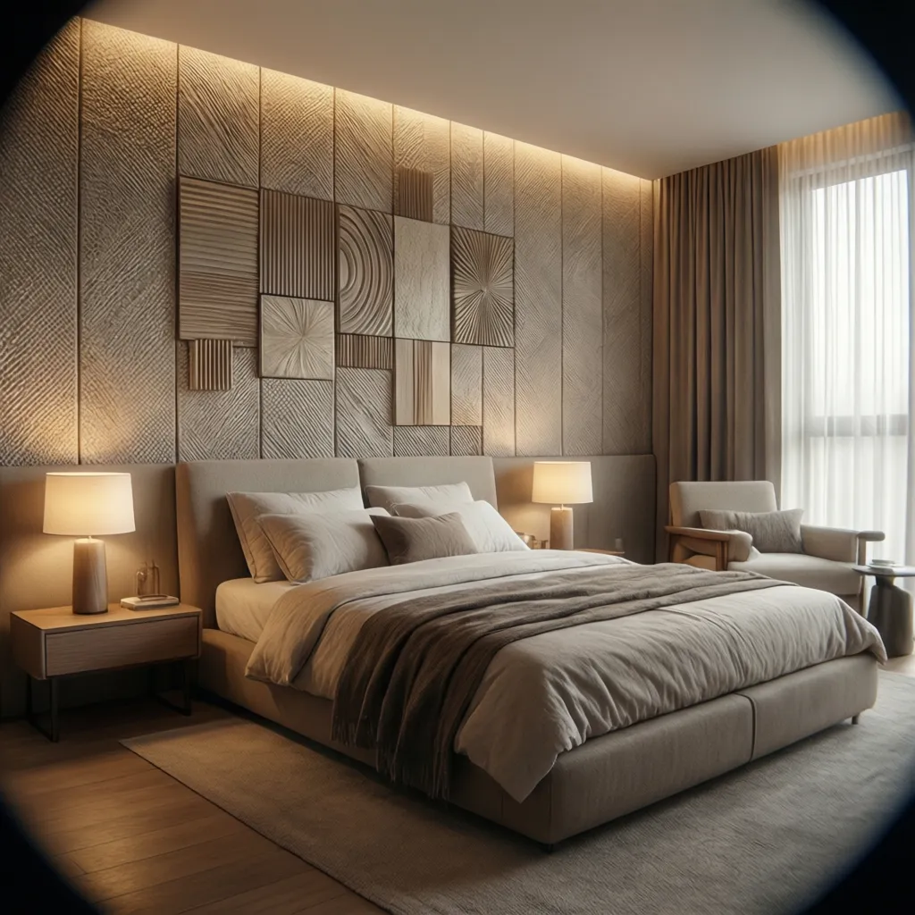 dormitorio moderno con cabecero de pared revestido con plaquetas decorativas