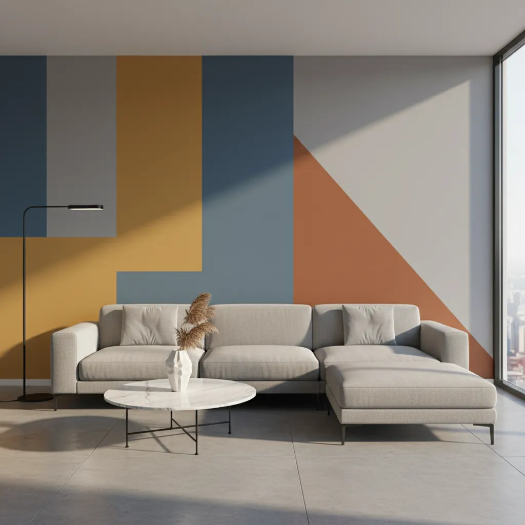 Modern living room featuring a colorful geometric wall design with grey sofa and marble table