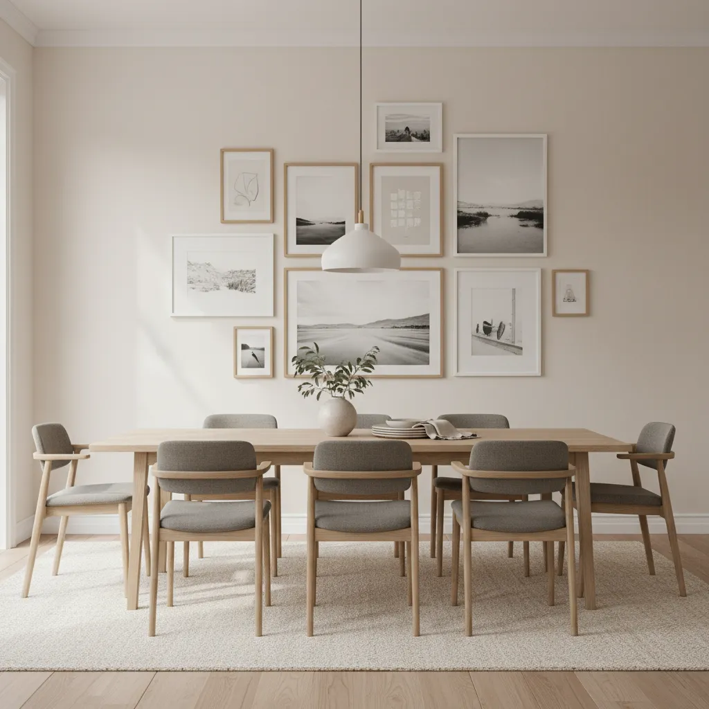 Comedor con una gran composición de cuadros sobre la mesa