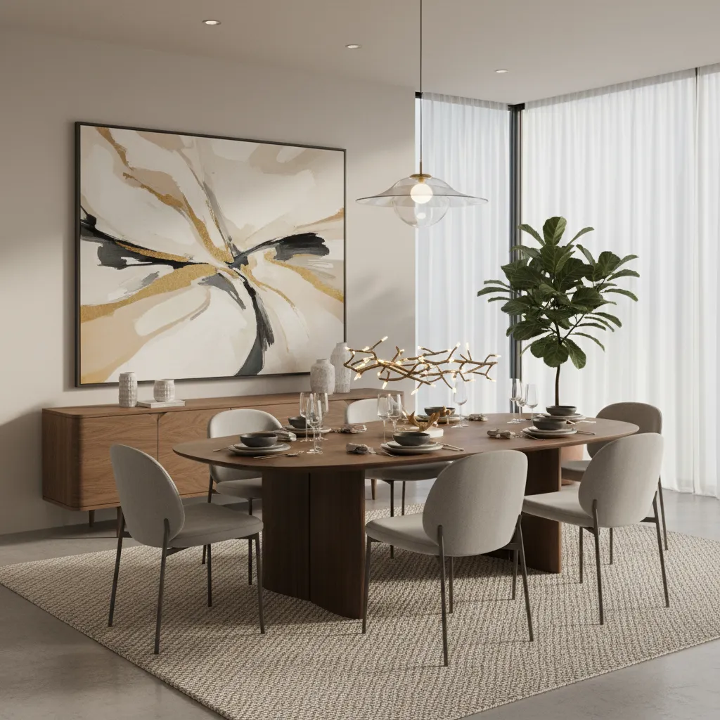 Comedor con obra de arte grande en la pared