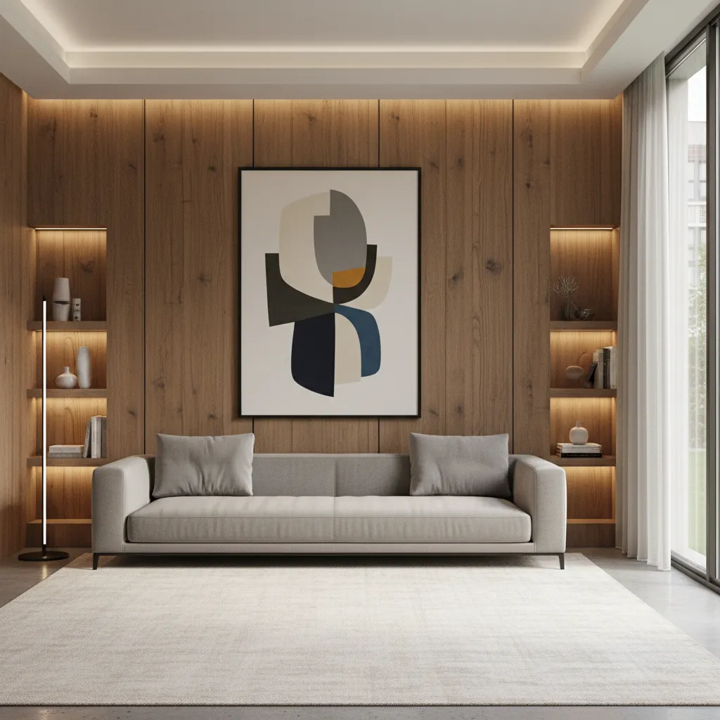 Pared de salón con paneles de madera verticales y cuadro grande