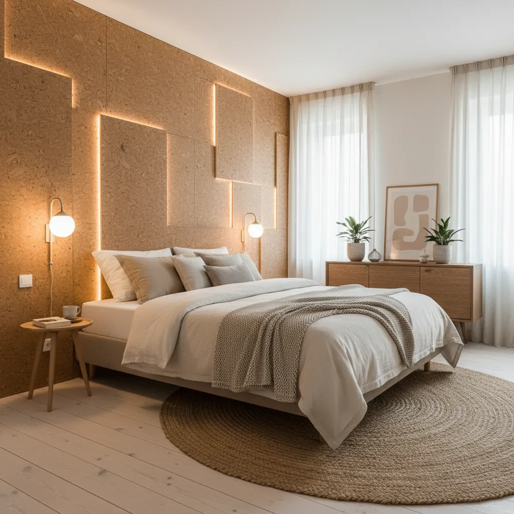 Dormitorio con pared de cabecero hecha con paneles de corcho