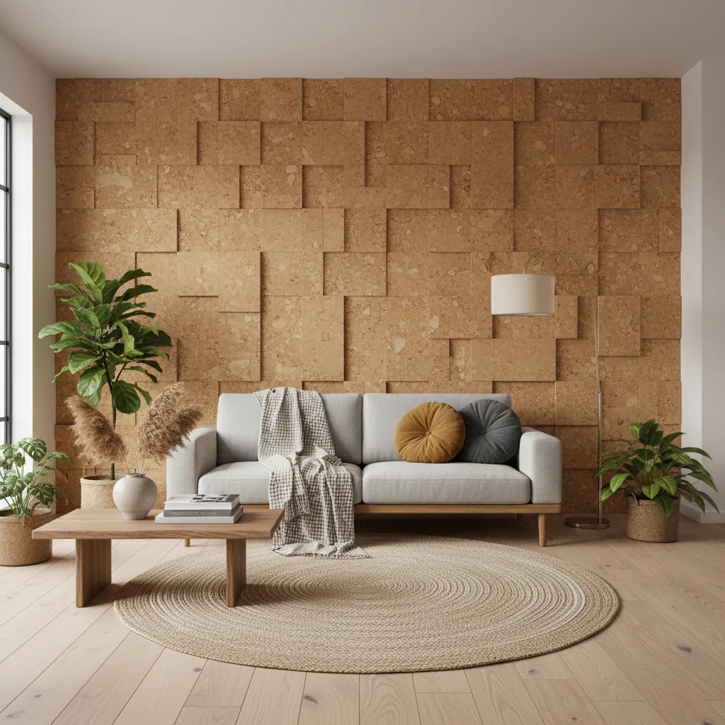 Salón moderno con pared decorativa de corcho