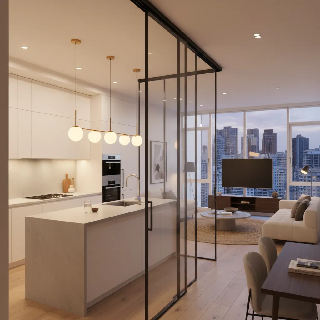 Cocina y salón separados por una pared corrediza de vidrio