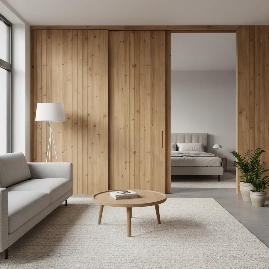 Pared corrediza de madera en interior contemporáneo