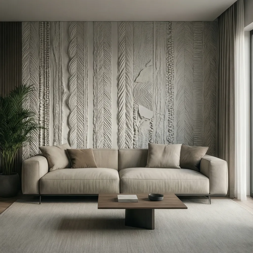 Pared decorativa detrás de un sofá en sala de estar