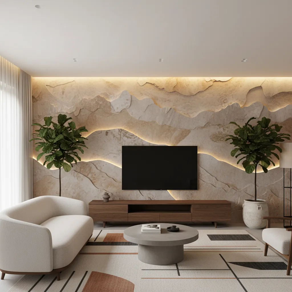 Pared decorativa interior con textura mineral resistente a la humedad