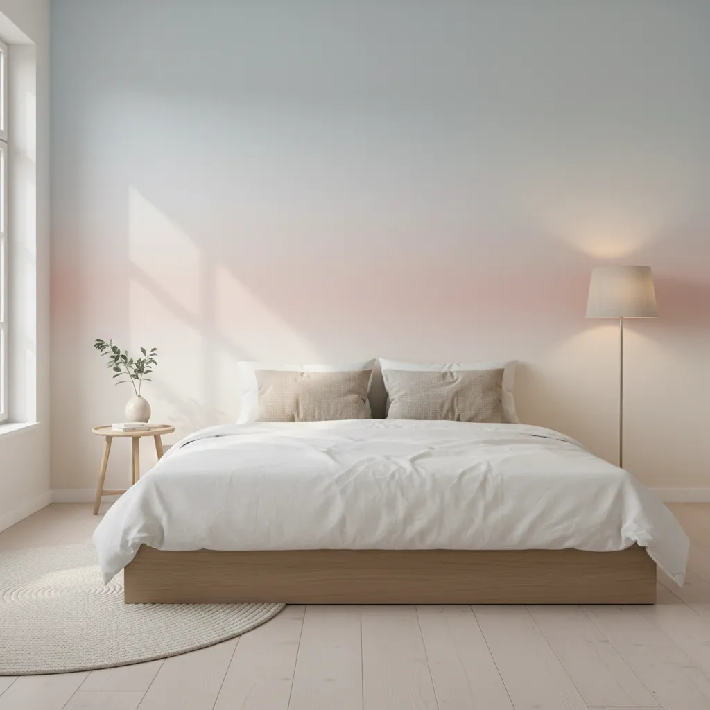 Dormitorio con pared decorativa degradada en tonos suaves