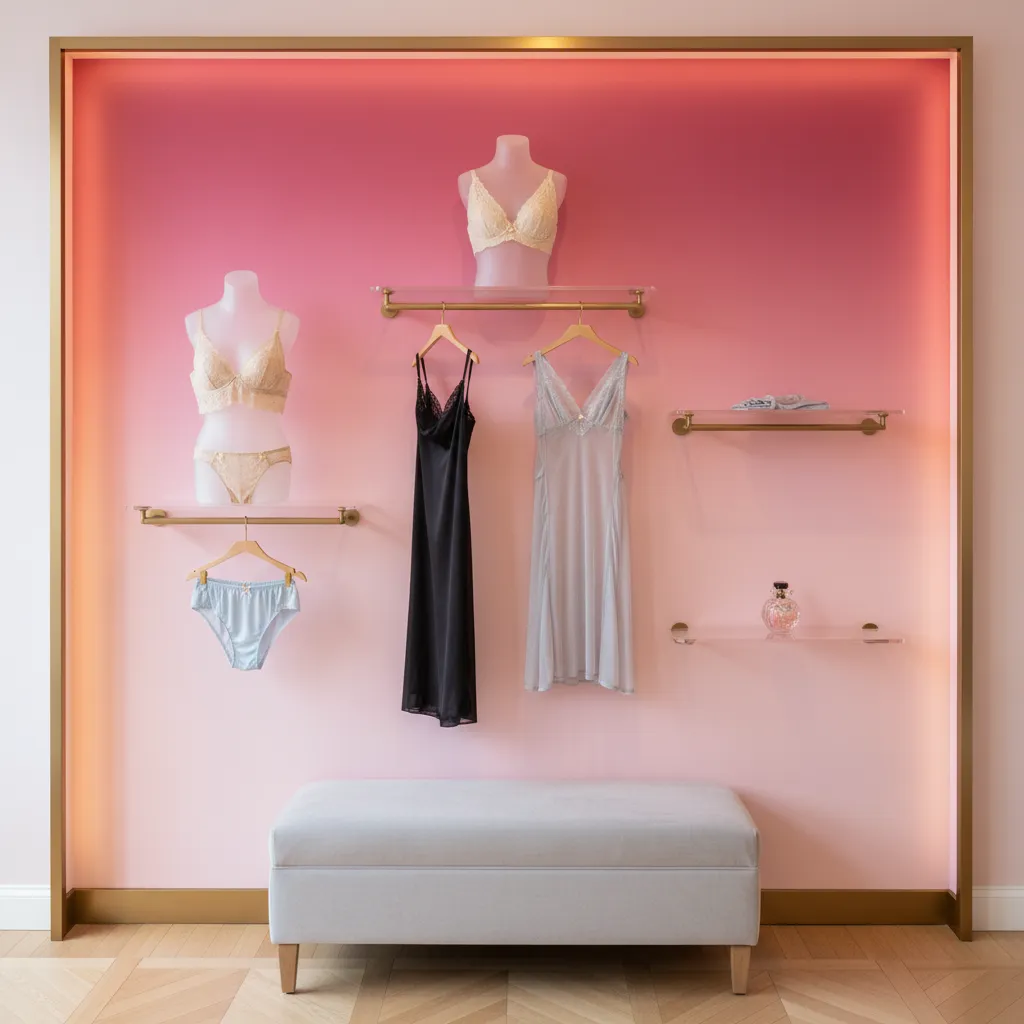 Pared con degradado rosa en zona de exposición de lencería