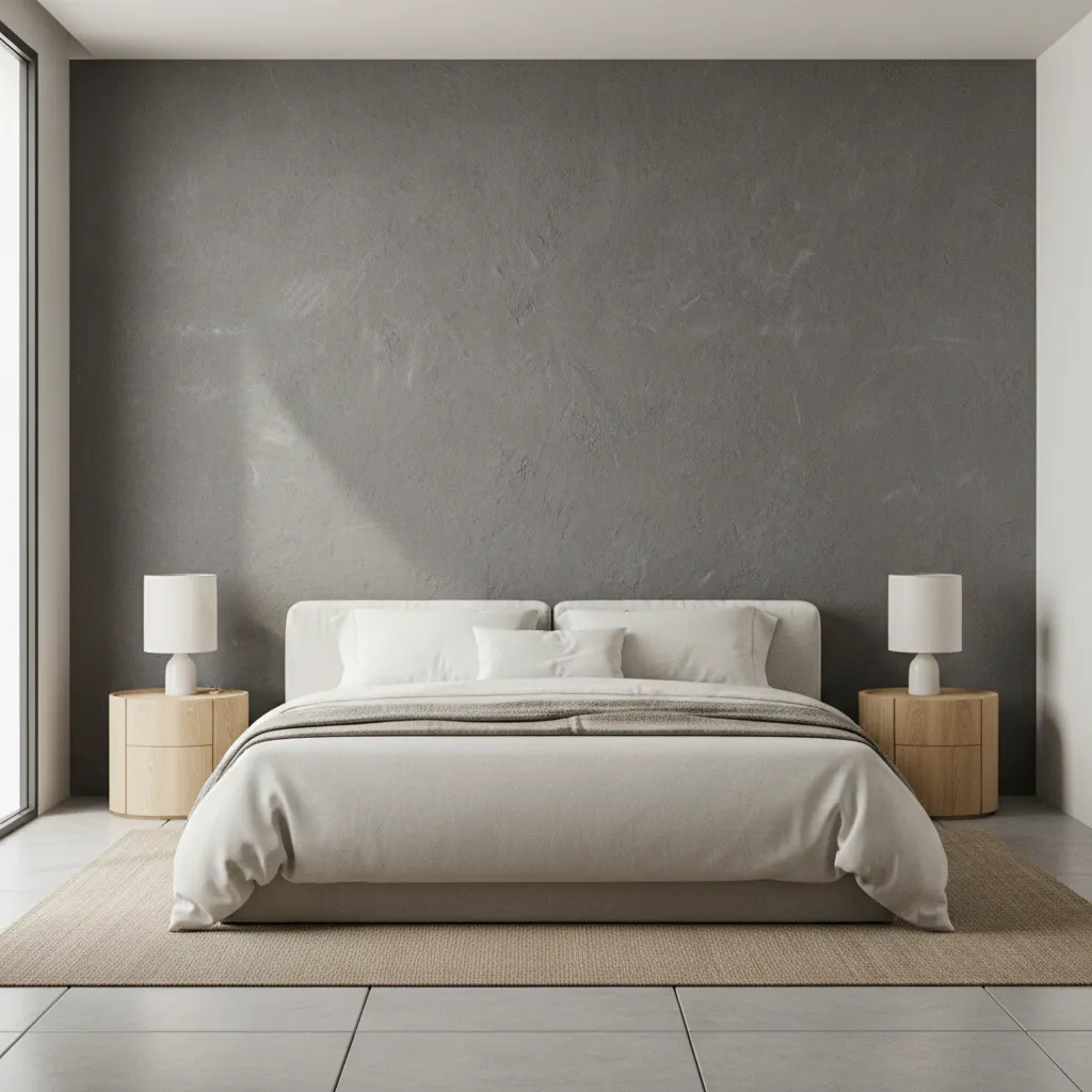 Dormitorio moderno con pared efecto microcemento