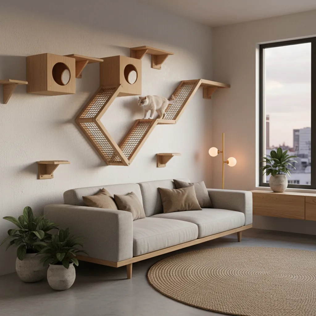Sistema de plataformas de pared para gatos en salón moderno