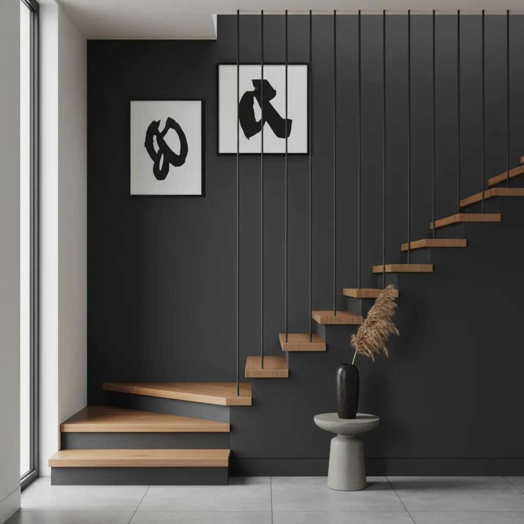 Pared de escalera pintada en color oscuro con decoración minimalista