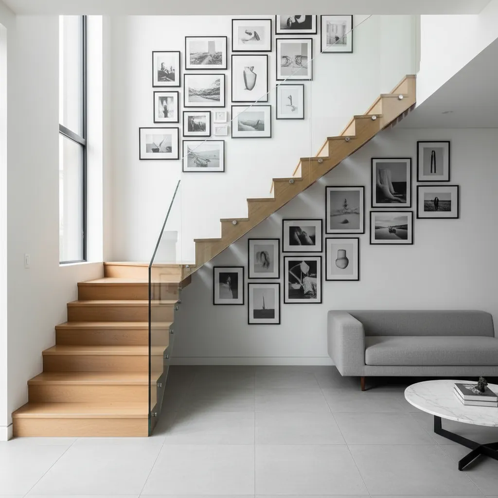 Pared de escalera decorada con galería de cuadros alineados