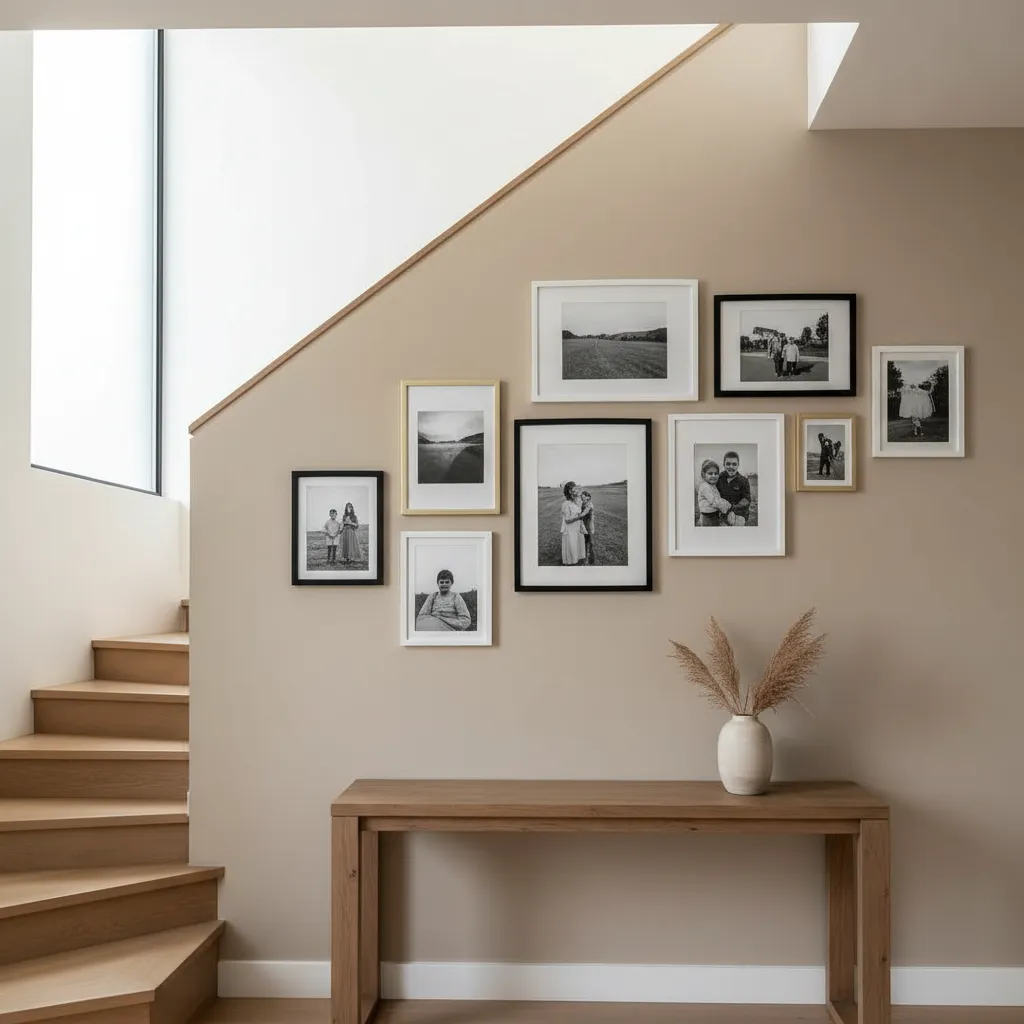 Pared de escalera con galería de cuadros en composición diagonal