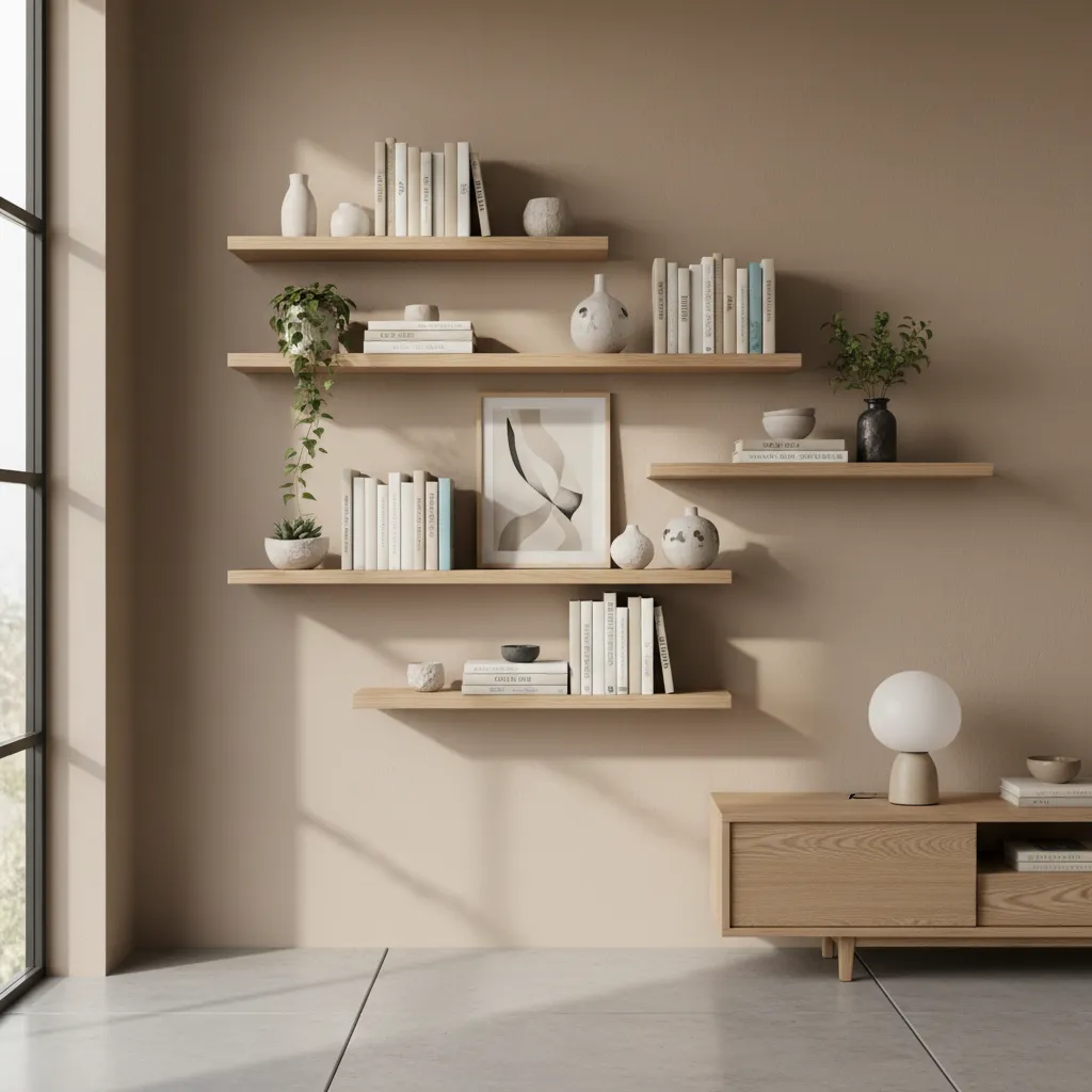 Wall with floating wooden shelves holding books vases plants and wooden cabinet with table lamp