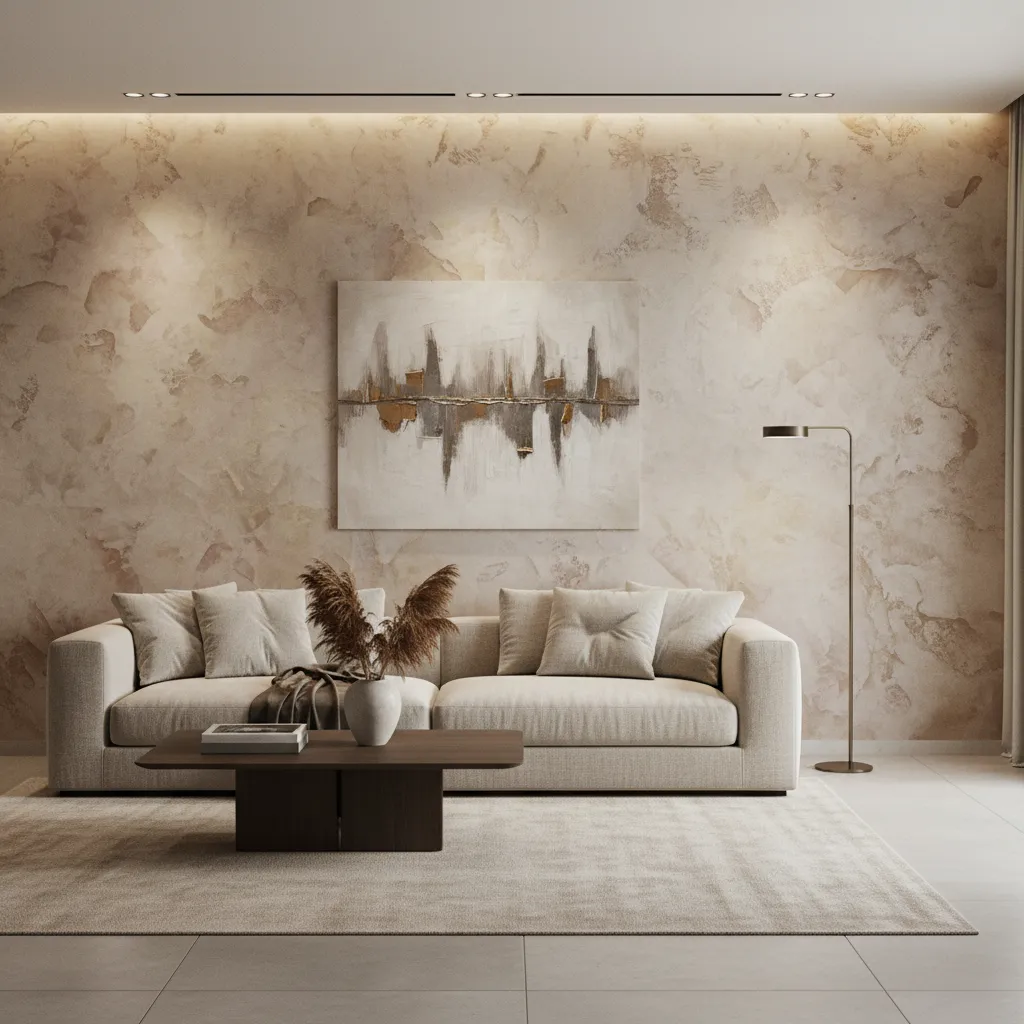 Pared con acabado estuco veneciano en salón moderno