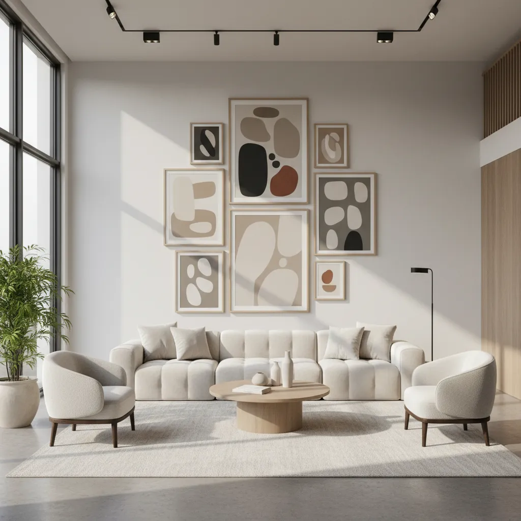 Modern living room featuring white sofa, wooden coffee table, and abstract art frames on wall