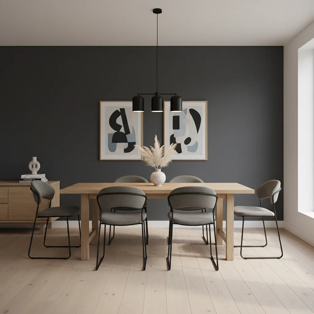 Comedor con una pared focal pintada detrás de la mesa