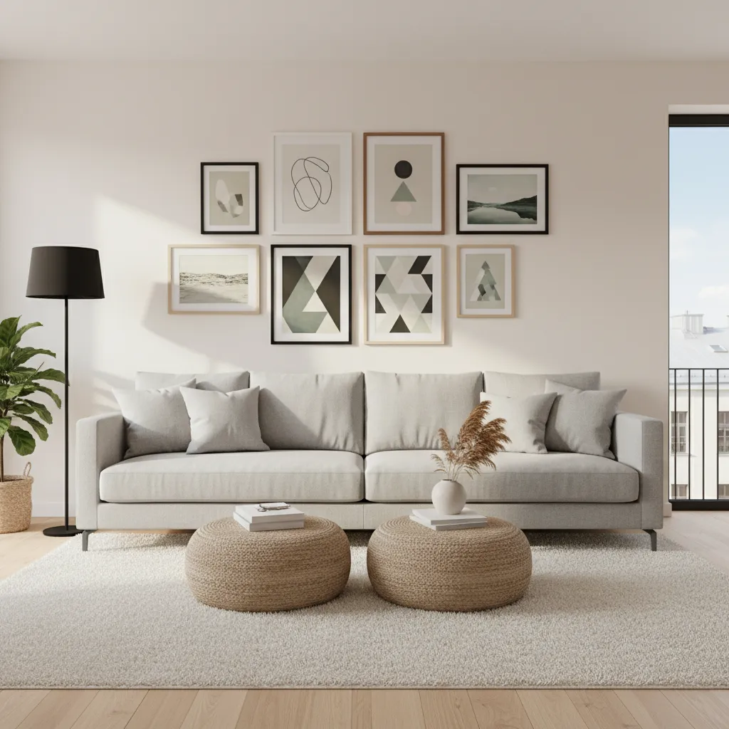 Living room gallery wall with eight framed pictures above a grey sofa and two footrests