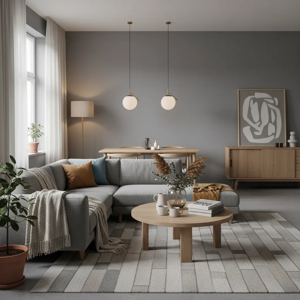 Interior con pared gris combinada con muebles de madera natural