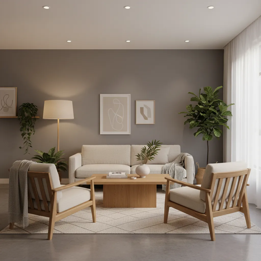 Interior con pared gris combinada con muebles de madera natural