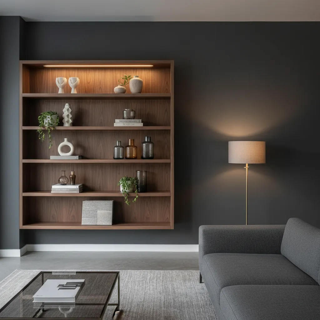 Pared gris antracita con estantería de madera oscura