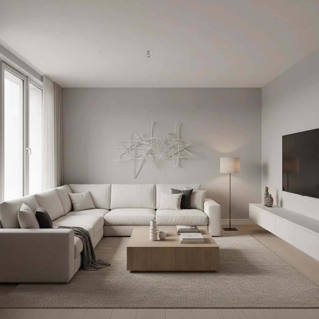 Salón contemporáneo con pared gris claro y decoración minimalista