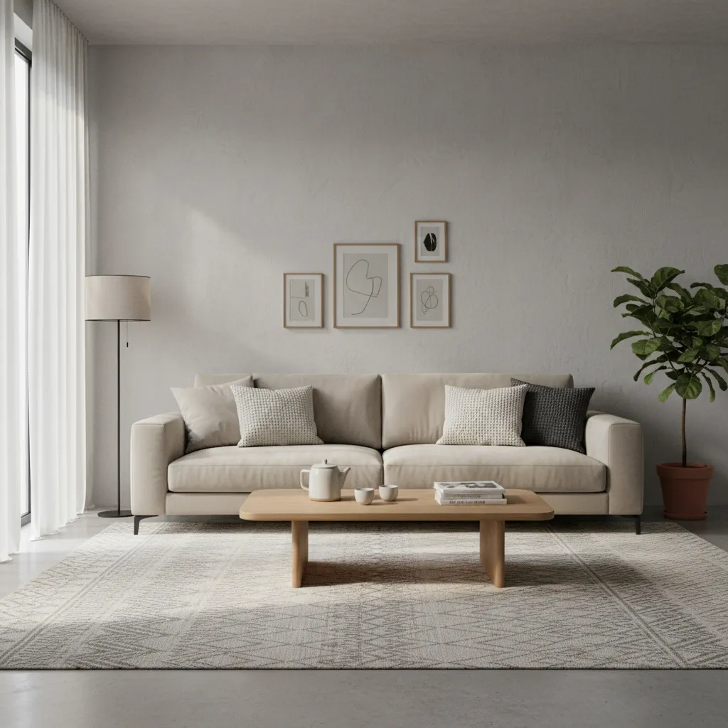 Salón con pared gris clara y decoración minimalista