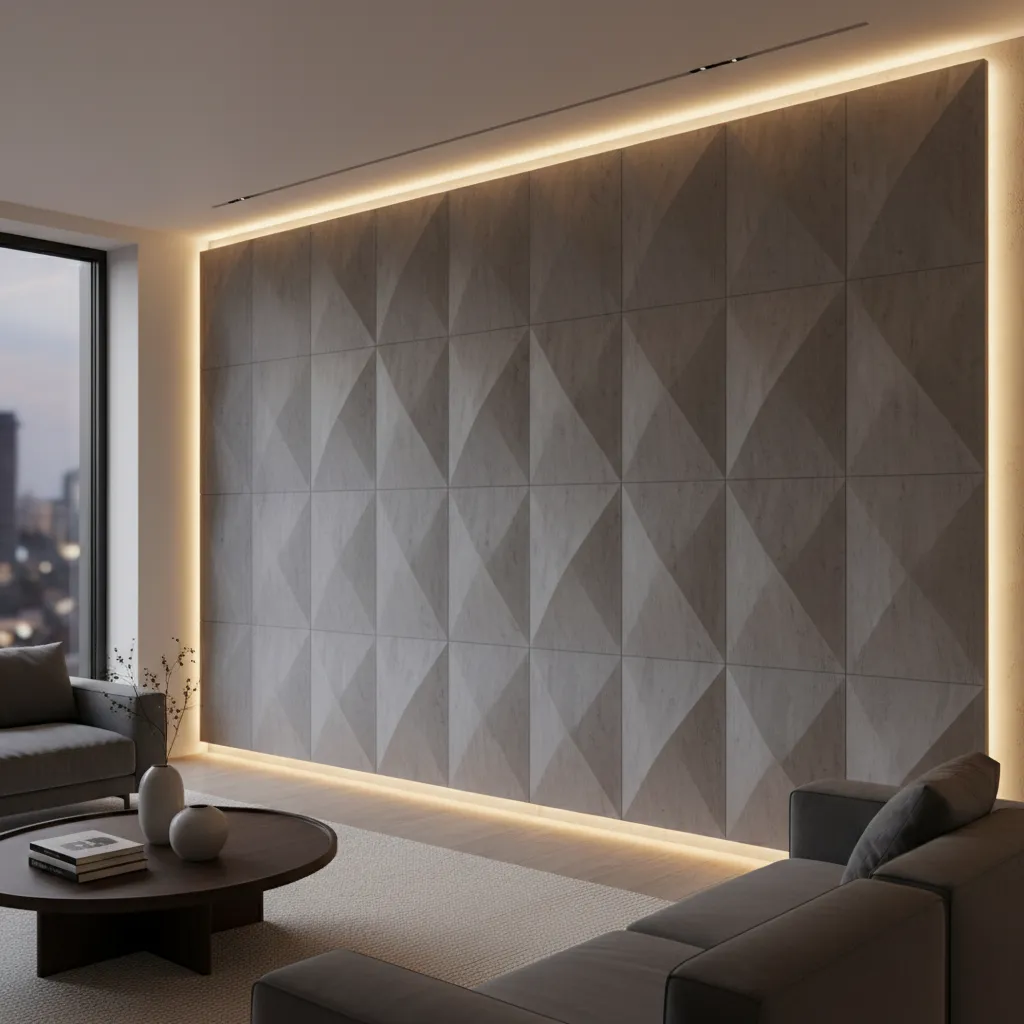 Pared gris con paneles decorativos en un interior moderno