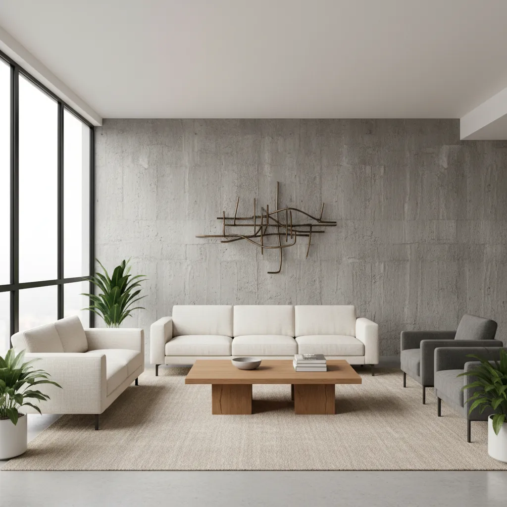 Salón contemporáneo con pared de hormigón visto y mobiliario minimalista