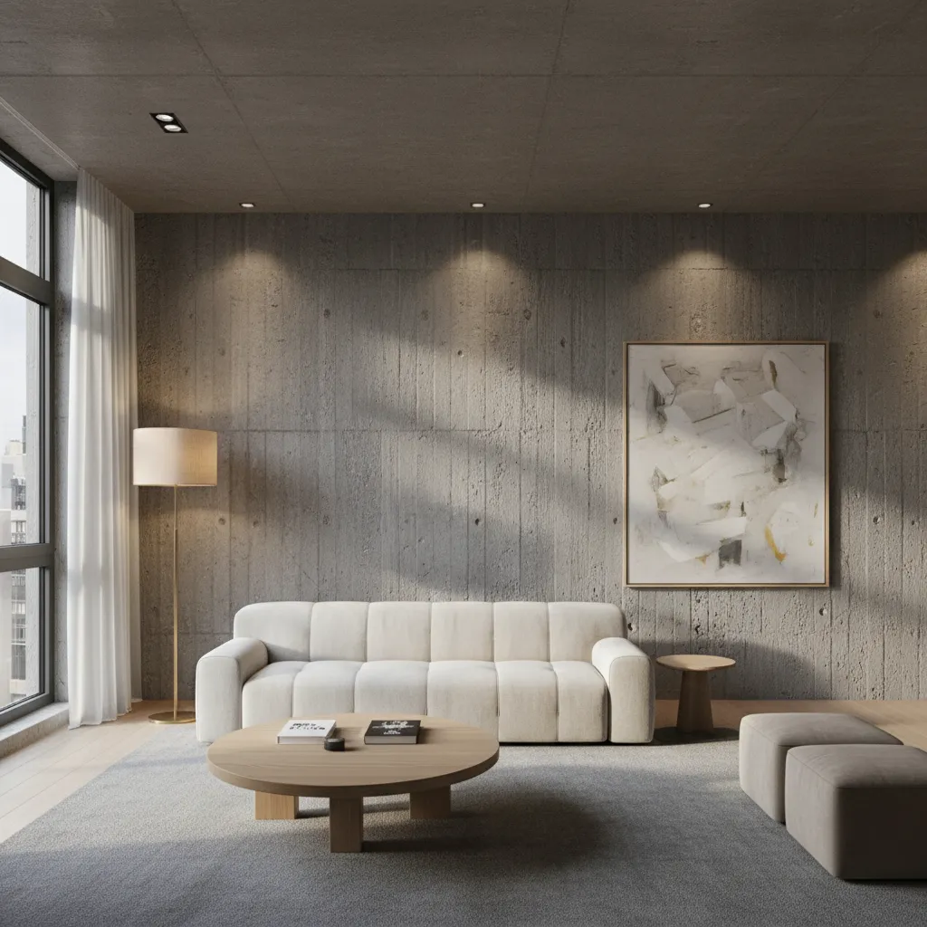 Pared de hormigón visto en un salón moderno