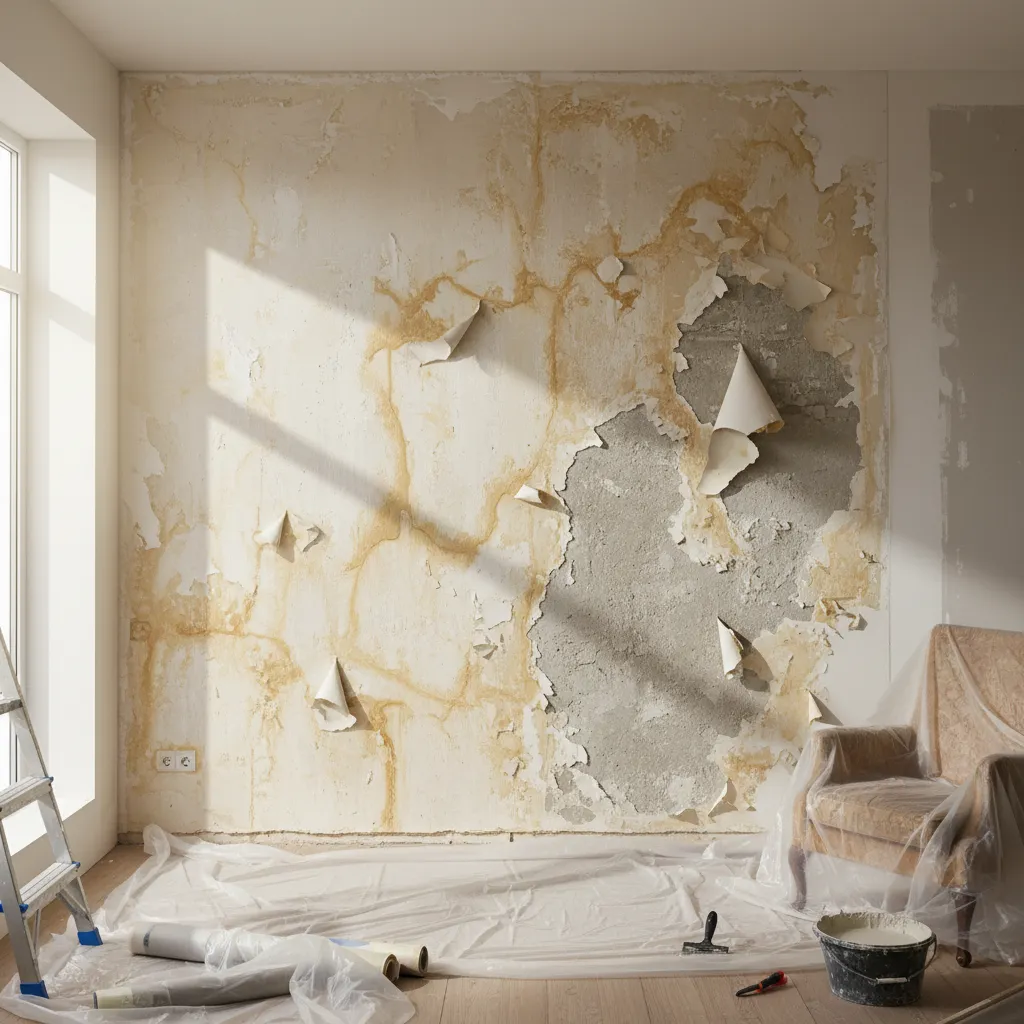 Pared interior con manchas de humedad antes de ser impermeabilizada