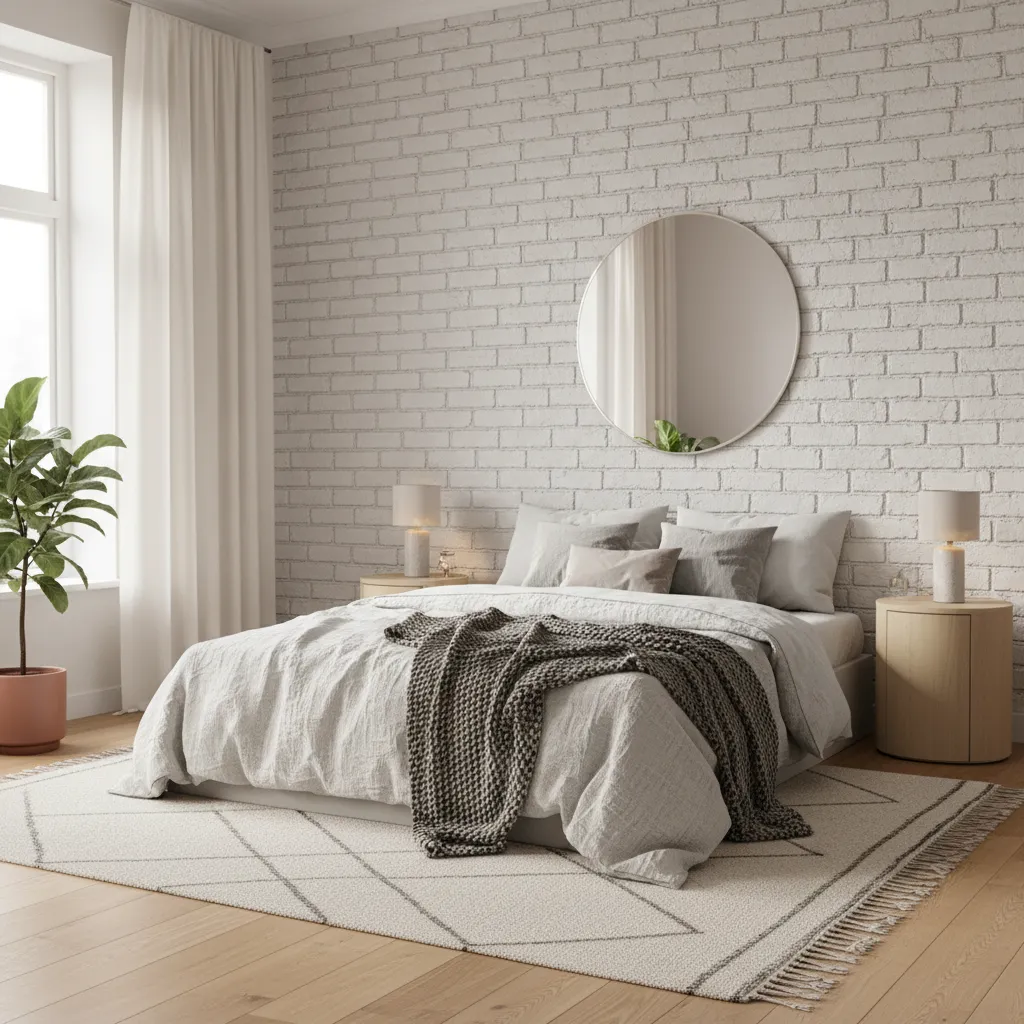 Dormitorio con pared de ladrillo blanco en el cabecero