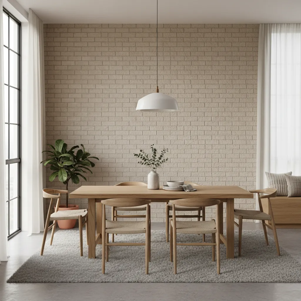 Dining room with beige brick wall, wooden table, chairs, potted plant, and white ceiling light